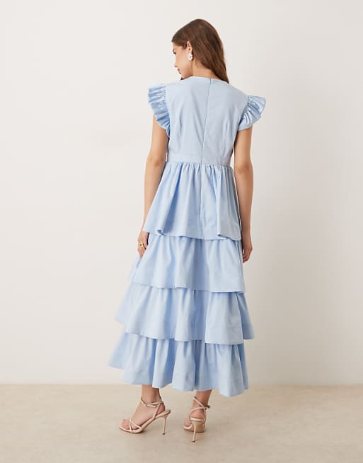 Asos Sister Jane Plunge Tiered Midaxi Dress In Powder Blue