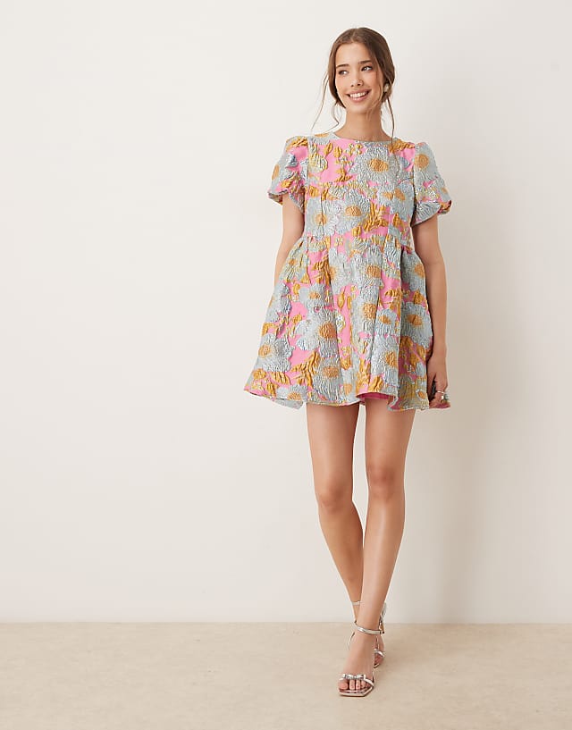 Asos Sister Jane Puff Sleeve Jacquard Mini Dress In Gold
