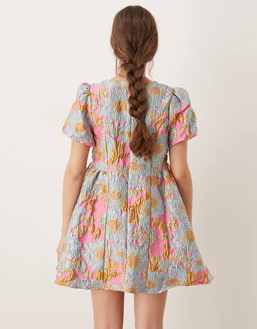 Asos Sister Jane Puff Sleeve Jacquard Mini Dress In Gold
