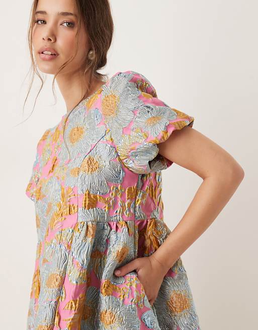 Asos Sister Jane Puff Sleeve Jacquard Mini Dress In Gold