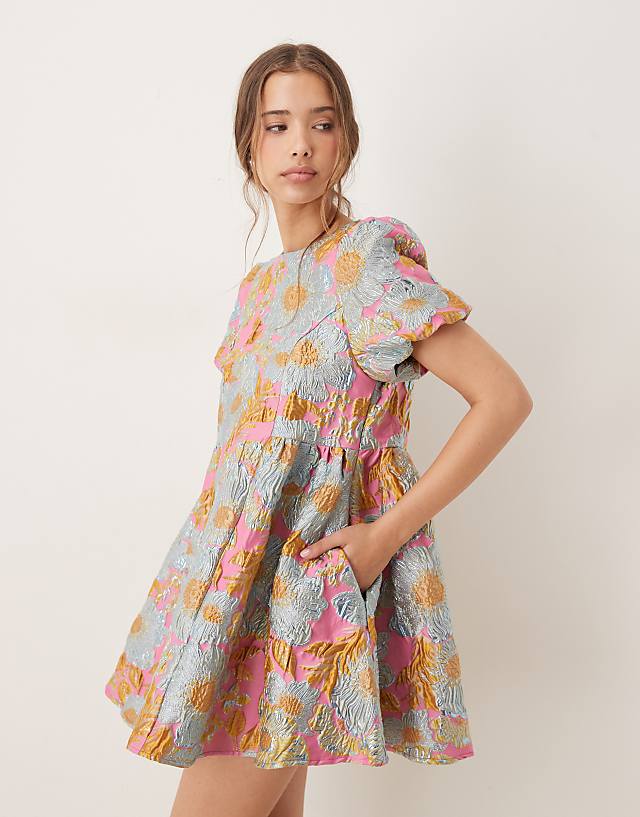 asos Sister Jane puff sleeve jacquard mini dress in gold