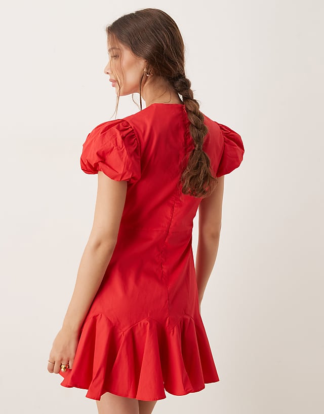 Asos Sister Jane Puff Sleeve Ruffle Hem Mini Dress In Red