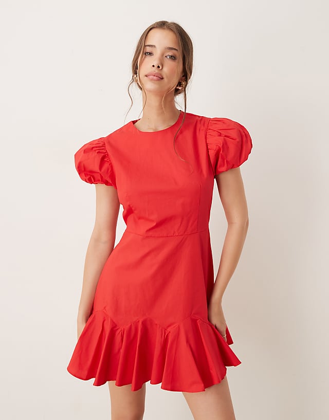 asos Sister Jane puff sleeve ruffle hem mini dress in red