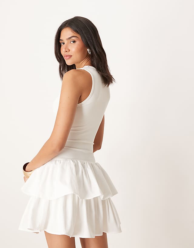 Asos Sister Jane Ruffle Skirt Ribbed Mini Dress In Ivory