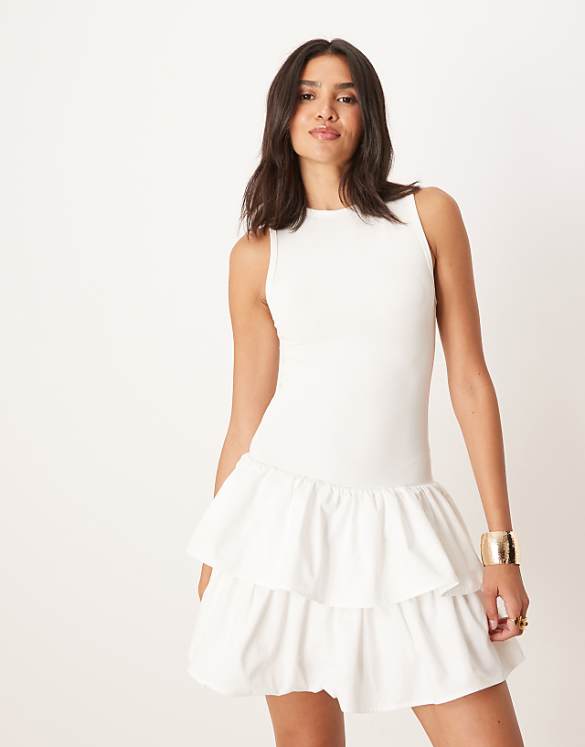 asos Sister Jane ruffle skirt ribbed mini dress in ivory