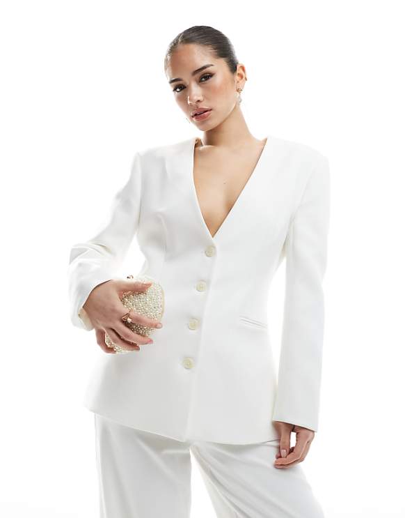 asos Six Stories Bridal collarless tailored blazer co-ord in ivory