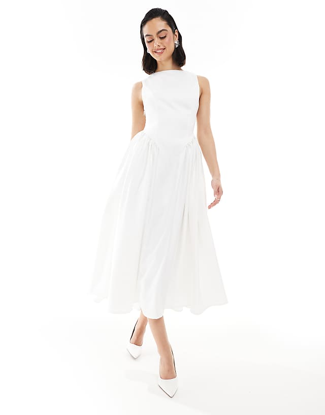 asos Six Stories Bridal drop waist bow back maxi dress in ivory
