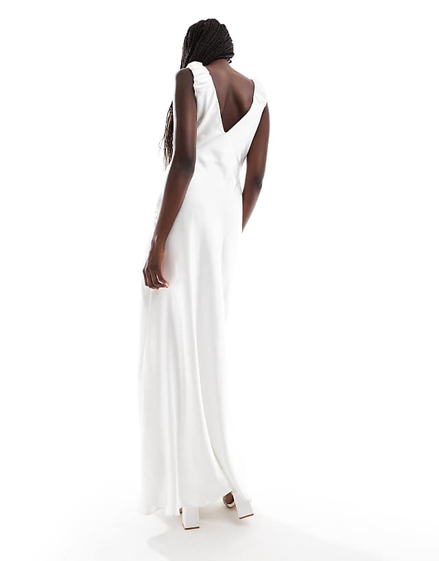 Asos Six Stories Bridal Gathered Satin Maxi Dress In Soft White