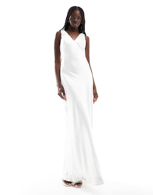 asos Six Stories Bridal gathered satin maxi dress in soft white