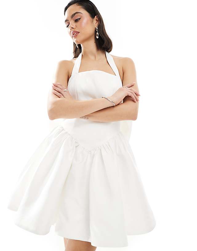 Asos Six Stories Bridal Halter Neck Bow Back Mini Dress In Ivory