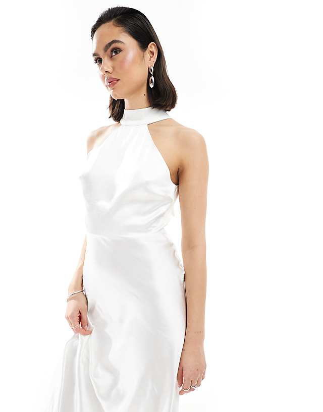 Asos Six Stories Bridal Halter Neck Satin Maxi Dress In Ivory