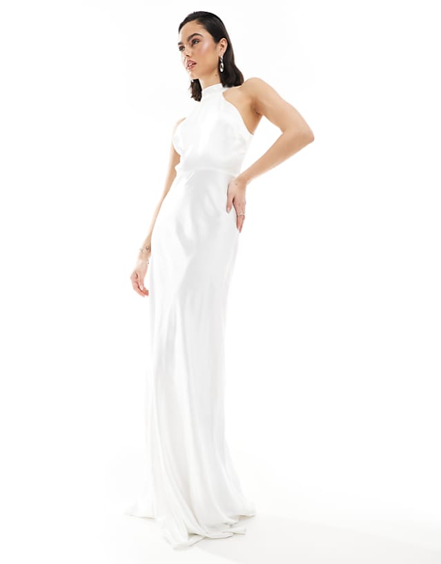 asos Six Stories Bridal halter neck satin maxi dress in ivory