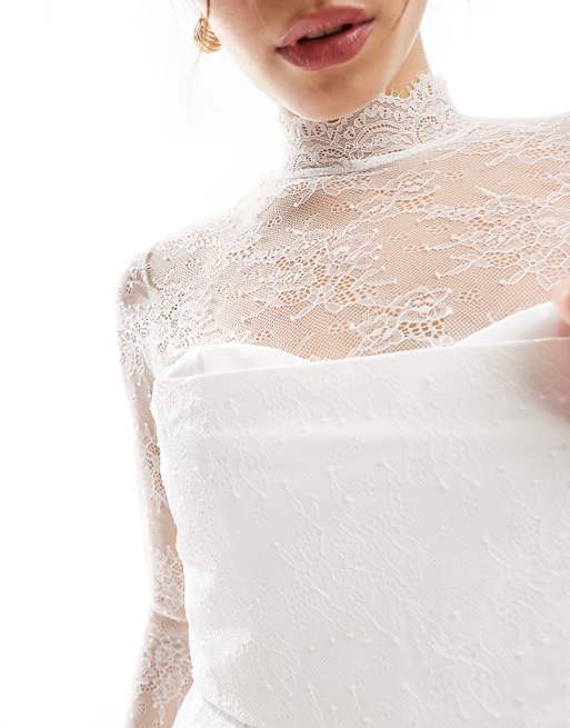 Asos Six Stories Bridal Lace Sleeve Structured Mini Dress In Ivory