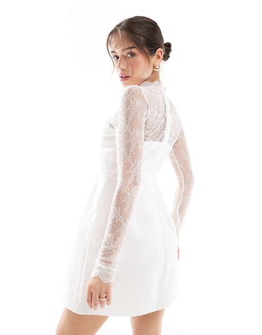 Asos Six Stories Bridal Lace Sleeve Structured Mini Dress In Ivory