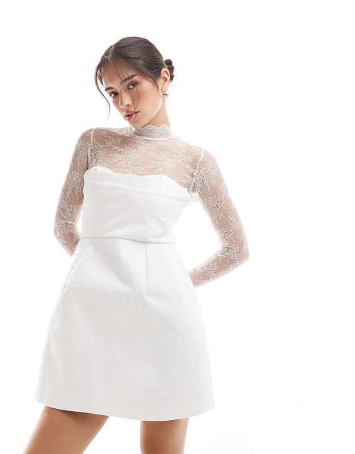 asos Six Stories Bridal lace sleeve structured mini dress in ivory