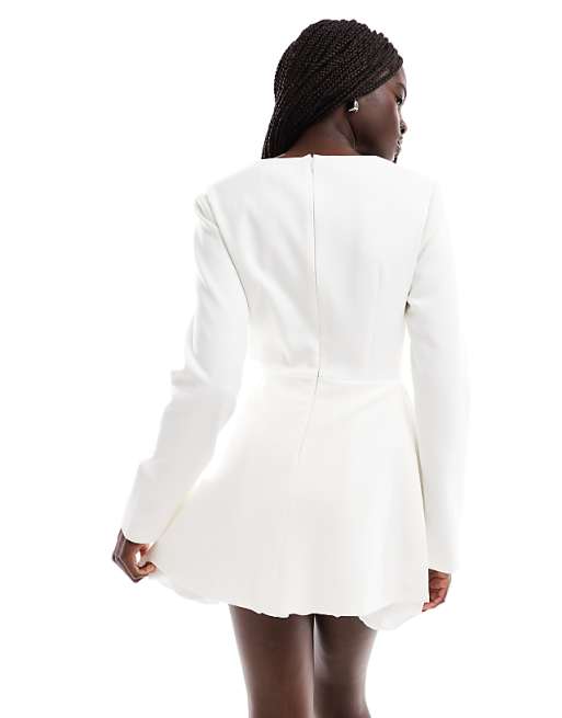 Asos Six Stories Bridal Long Sleeve Puff Hem Mini Dress In Soft White