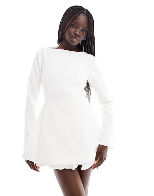 asos Six Stories Bridal long sleeve puff hem mini dress in soft white