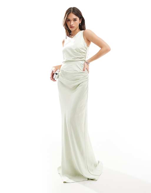 asos Six Stories Bridesmaid asymmetric cowl satin maxi dress in mint green