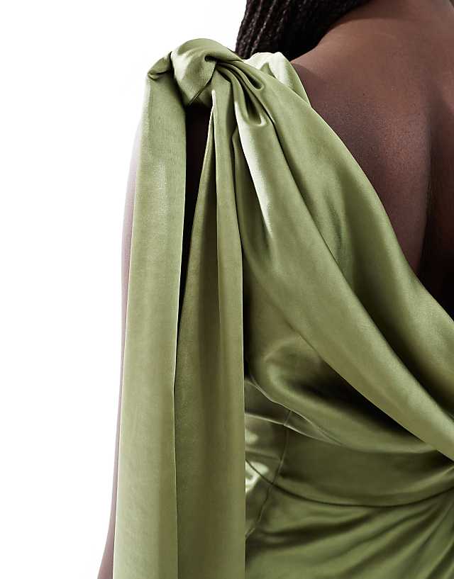 Asos Six Stories Bridesmaid Bow One Shoulder Satin Maxi Dress In Moss Green