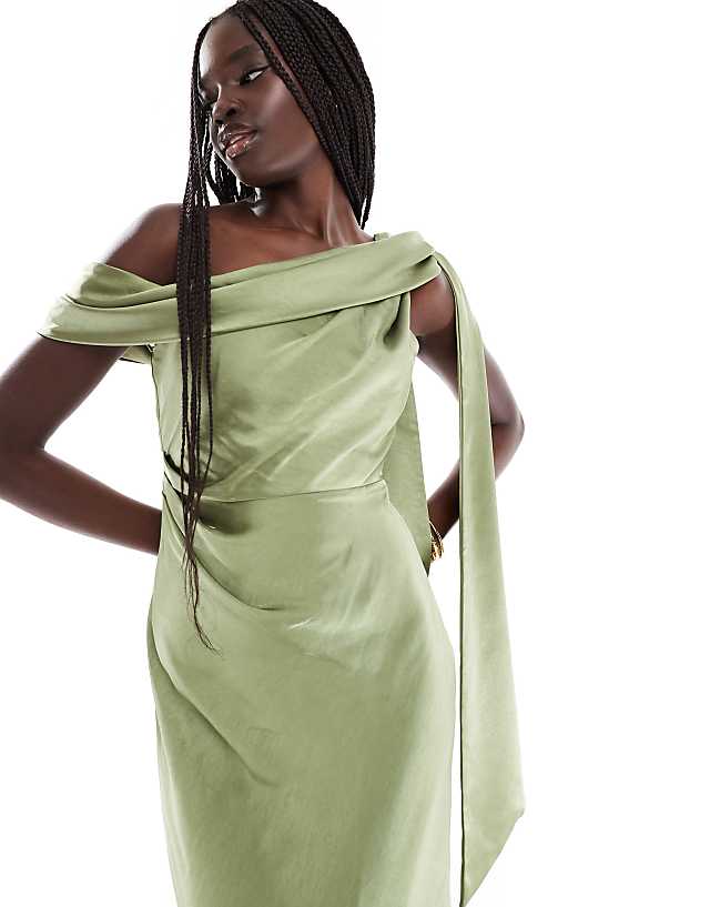 Asos Six Stories Bridesmaid Bow One Shoulder Satin Maxi Dress In Moss Green