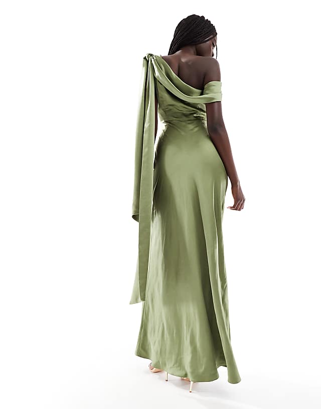 Asos Six Stories Bridesmaid Bow One Shoulder Satin Maxi Dress In Moss Green