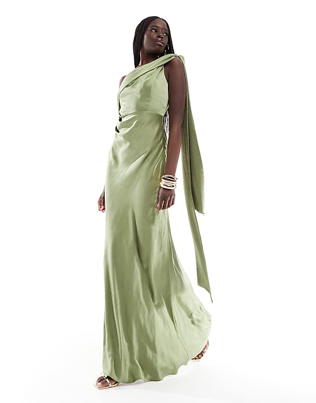 asos Six Stories Bridesmaid bow one shoulder satin maxi dress in moss green