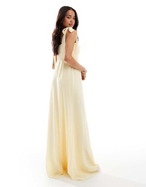 Asos Six Stories Bridesmaid Bow Shoulder Chiffon Maxi Dress In Lemon