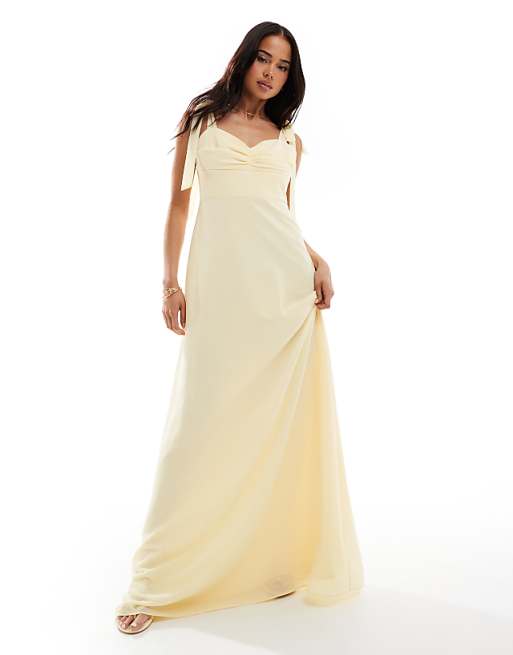 asos Six Stories Bridesmaid bow shoulder chiffon maxi dress in lemon