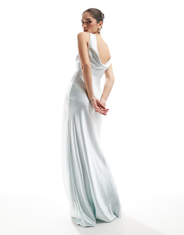 asos Six Stories Bridesmaid cowl back satin maxi dress in ice blue