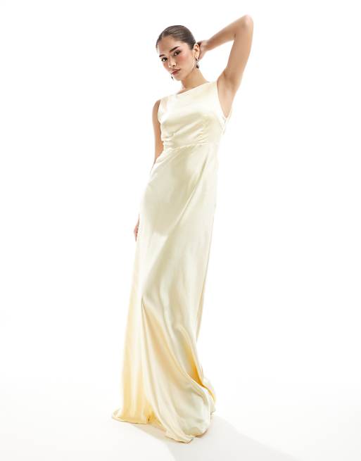 Asos Six Stories Bridesmaid Cowl Back Satin Maxi Dress In Lemon