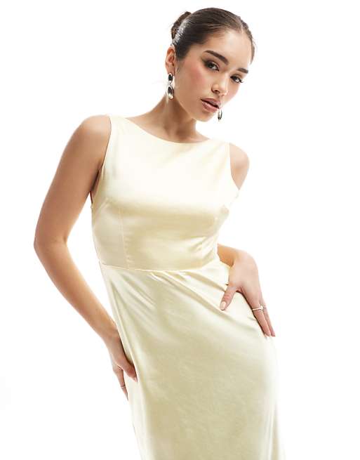 Asos Six Stories Bridesmaid Cowl Back Satin Maxi Dress In Lemon