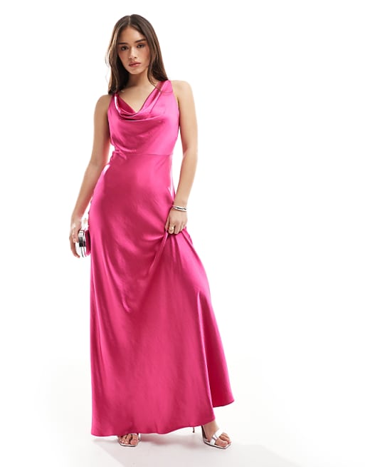 asos Six Stories Bridesmaid cowl front satin maxi dress in fuchsia pink