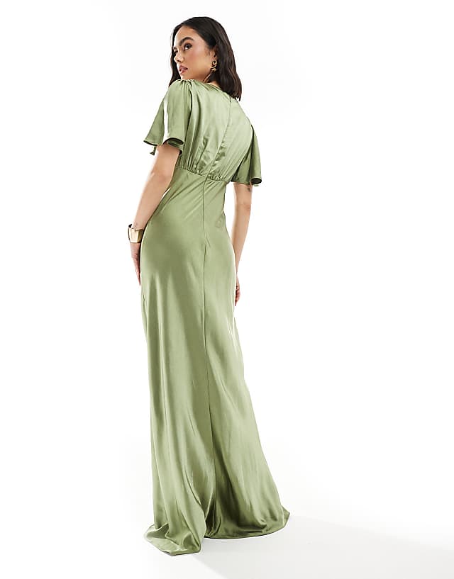 Asos Six Stories Bridesmaid Empire Waist Satin Maxi Dress In Moss Green