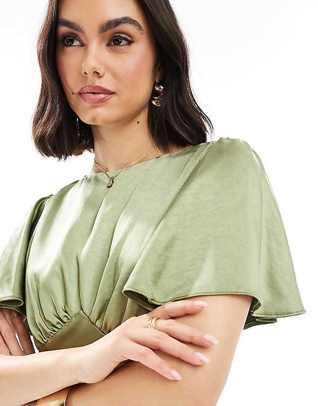 Asos Six Stories Bridesmaid Empire Waist Satin Maxi Dress In Moss Green