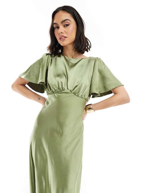 Asos Six Stories Bridesmaid Empire Waist Satin Maxi Dress In Moss Green