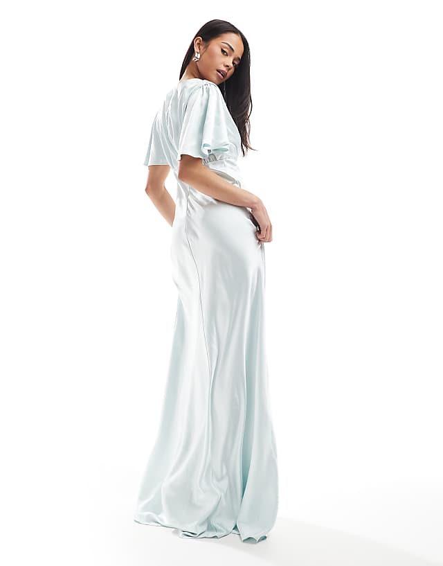 Asos Six Stories Bridesmaid Empire Waist Satin Maxi Dress In Ice Blue