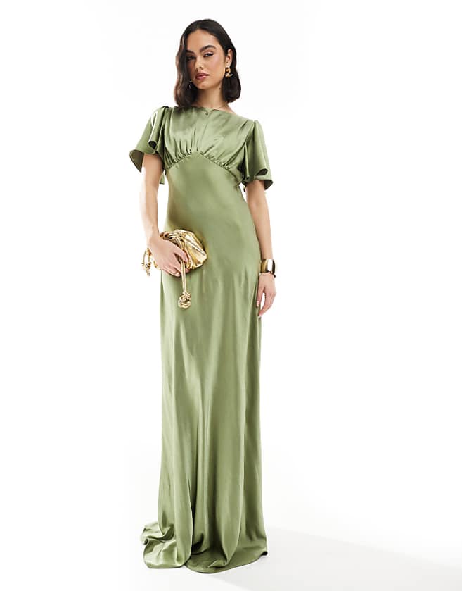 asos Six Stories Bridesmaid empire waist satin maxi dress in moss green