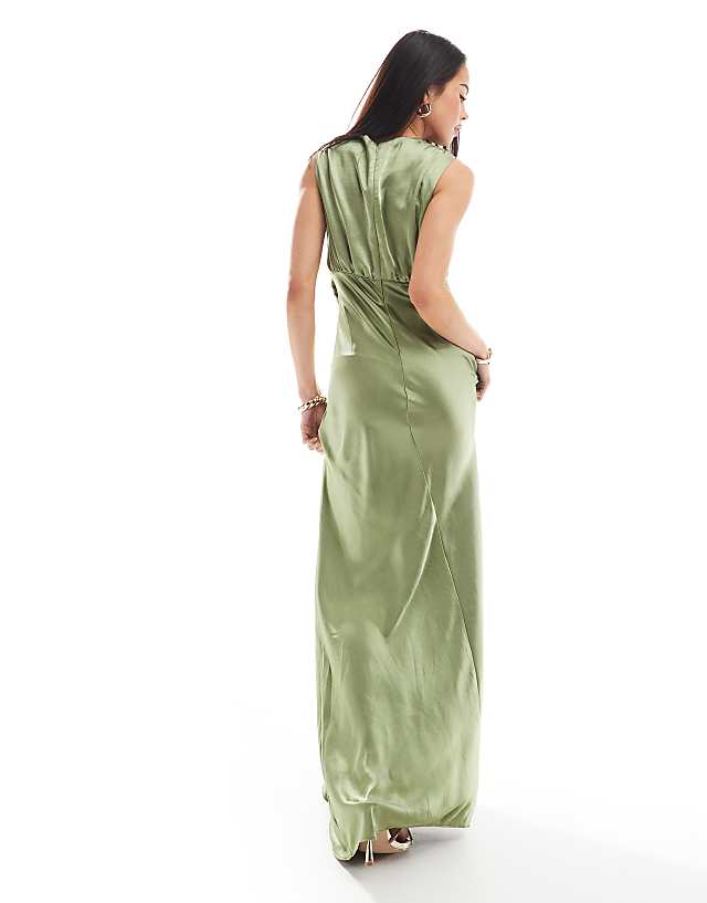 Asos Six Stories Bridesmaid Gathered Overlay Satin Maxi Dress In Moss Green