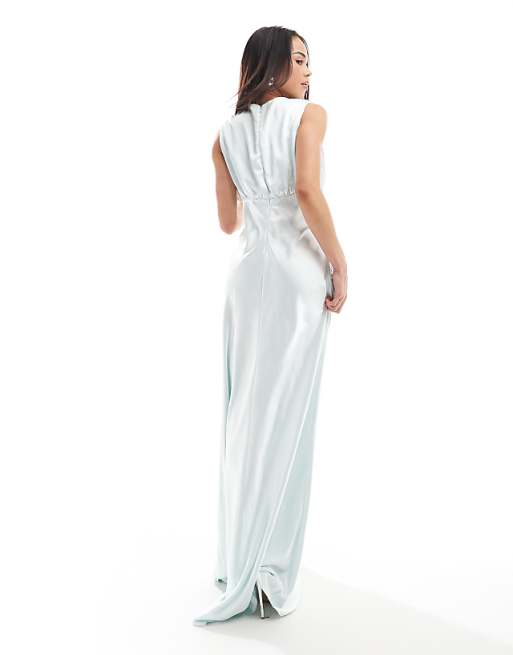 Asos Six Stories Bridesmaid Gathered Overlay Satin Maxi Dress In Ice Blue