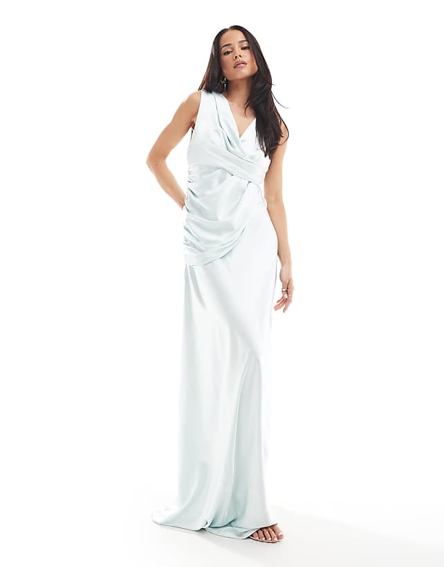 asos Six Stories Bridesmaid gathered overlay satin maxi dress in ice blue