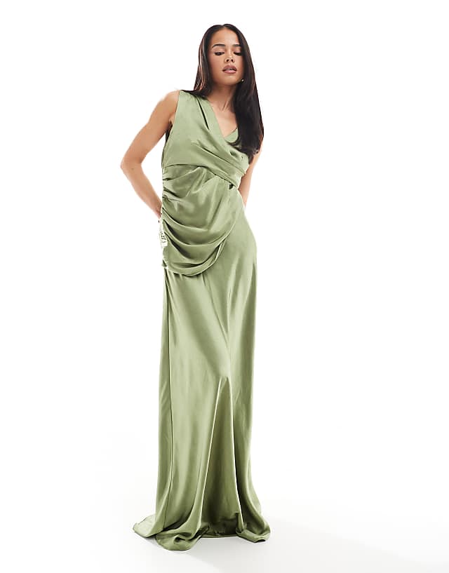 asos Six Stories Bridesmaid gathered overlay satin maxi dress in moss green