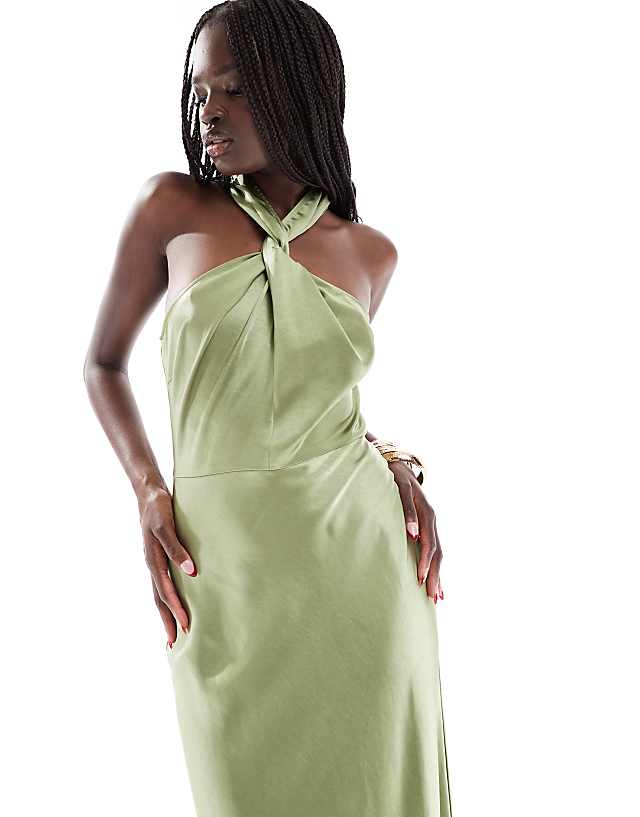 Asos Six Stories Bridesmaid Halter Neck Satin Maxi Dress In Moss Green