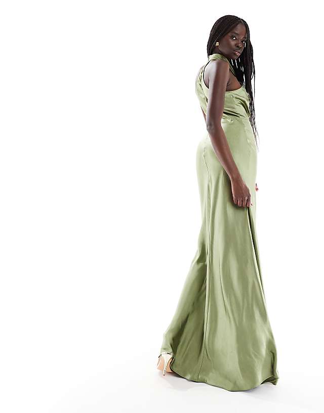 Asos Six Stories Bridesmaid Halter Neck Satin Maxi Dress In Moss Green