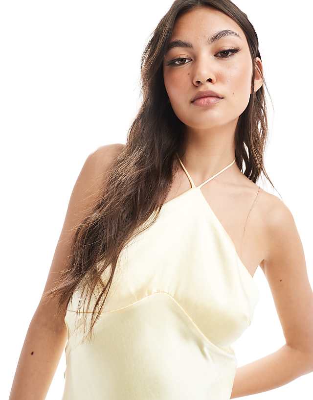Asos Six Stories Bridesmaid Halter Neck Satin Maxi Dress In Lemon