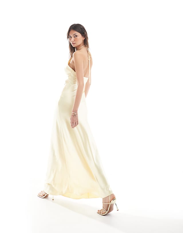 Asos Six Stories Bridesmaid Halter Neck Satin Maxi Dress In Lemon