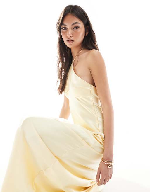 Asos Six Stories Bridesmaid Halter Neck Satin Maxi Dress In Lemon