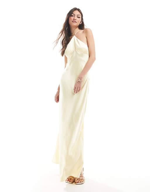 asos Six Stories Bridesmaid halter neck satin maxi dress in lemon