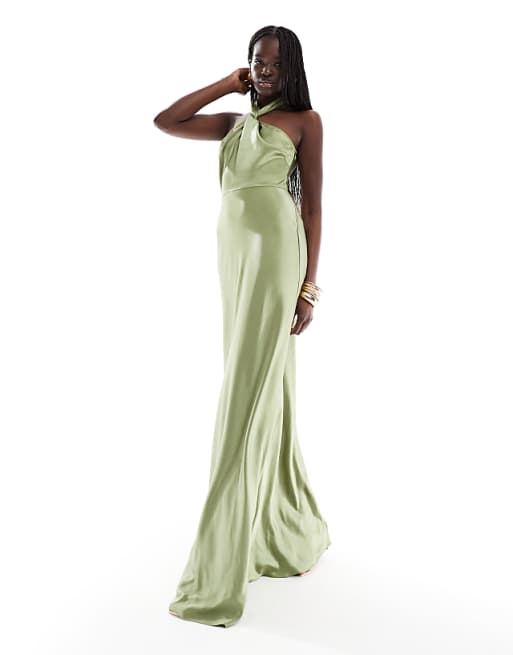 asos Six Stories Bridesmaid halter neck satin maxi dress in moss green