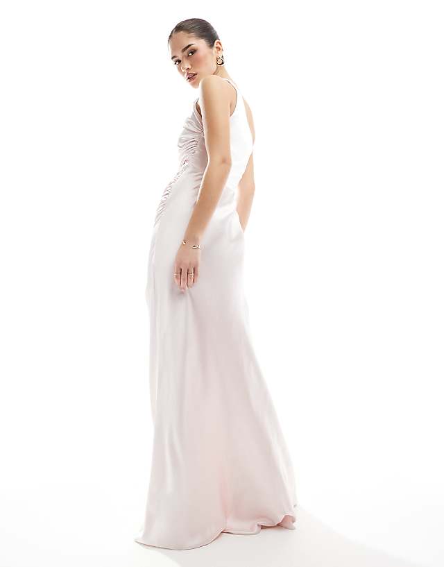Asos Six Stories Bridesmaid One Shoulder Satin Maxi Dress In Powder Pink