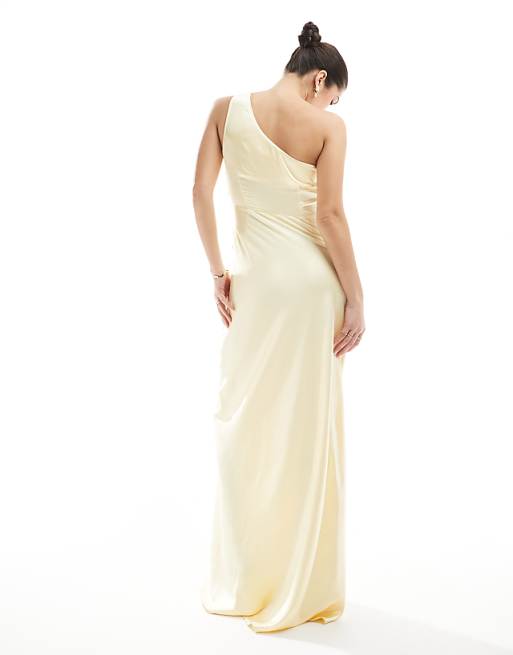 Asos Six Stories Bridesmaid One Shoulder Satin Maxi Dress In Lemon